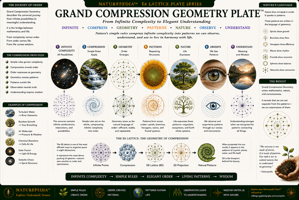 Grand Compression Geometry Plate illustrating recurring geometric organization connecting branching trees, rivers, fungi, flowers, galaxies, and natural systems.