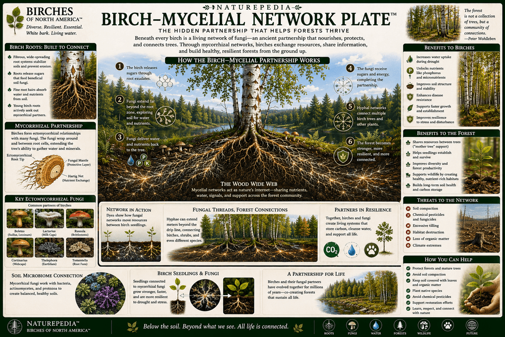 Birch Mycelial Network Plate showing birch roots, mycorrhizal fungi, nutrient exchange, soil life, water access, decomposition, and forest resilience by Robbie George