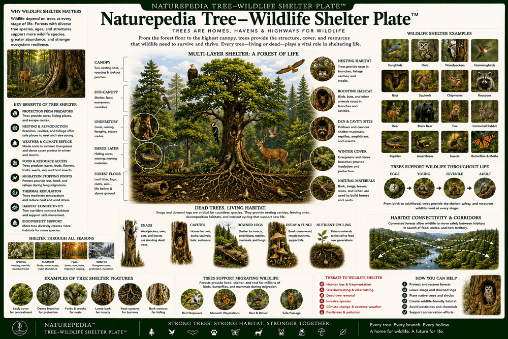 Tree Wildlife Shelter Plate showing tree cavities, bark, branches, roots, fallen logs, leaf litter, canopy cover, dens, nesting sites, and wildlife shelter by Robbie George