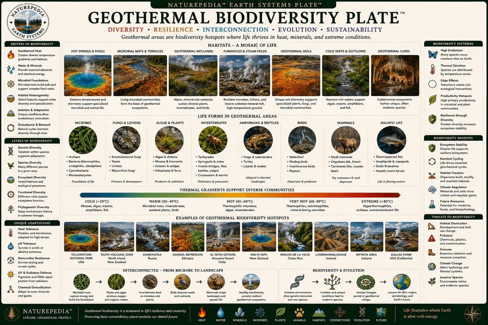 Geothermal Biodiversity Plate showing microorganisms, plants, insects, birds, mammals, thermal habitats, geothermal ecosystems, species diversity, and ecological relationships by Robbie George