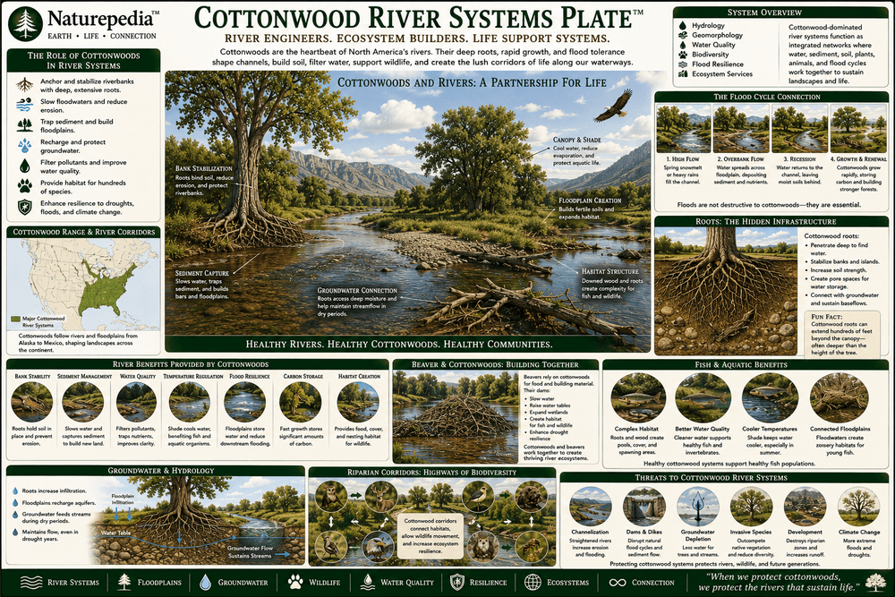 Cottonwood River Systems Plate showing cottonwood forests, river corridors, floodplains, freshwater habitat, watershed ecology, wildlife movement, and biodiversity by Robbie George