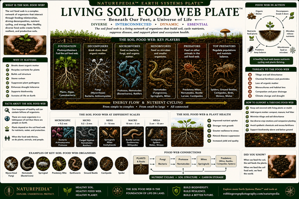 Living Soil Food Web Plate showing plants, roots, bacteria, fungi, protozoa, nematodes, arthropods, earthworms, nutrient cycling, and ecosystem interactions