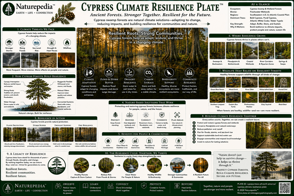 Cypress Climate Resilience Plate showing flooding, drought, hurricanes, fire, saltwater intrusion, sea-level rise, wetland loss, restoration pressure, wildlife dependency, and swamp forest stability by Robbie George