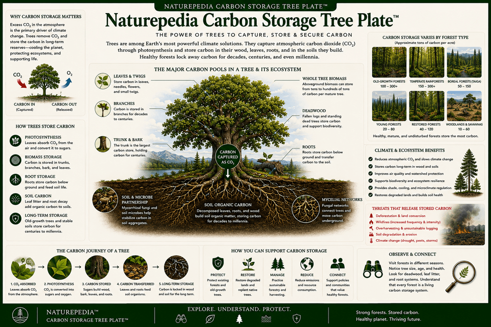 Carbon Storage Tree Plate showing trees storing carbon in trunks, branches, leaves, roots, soil, fallen wood, and forest ecosystems by Robbie George
