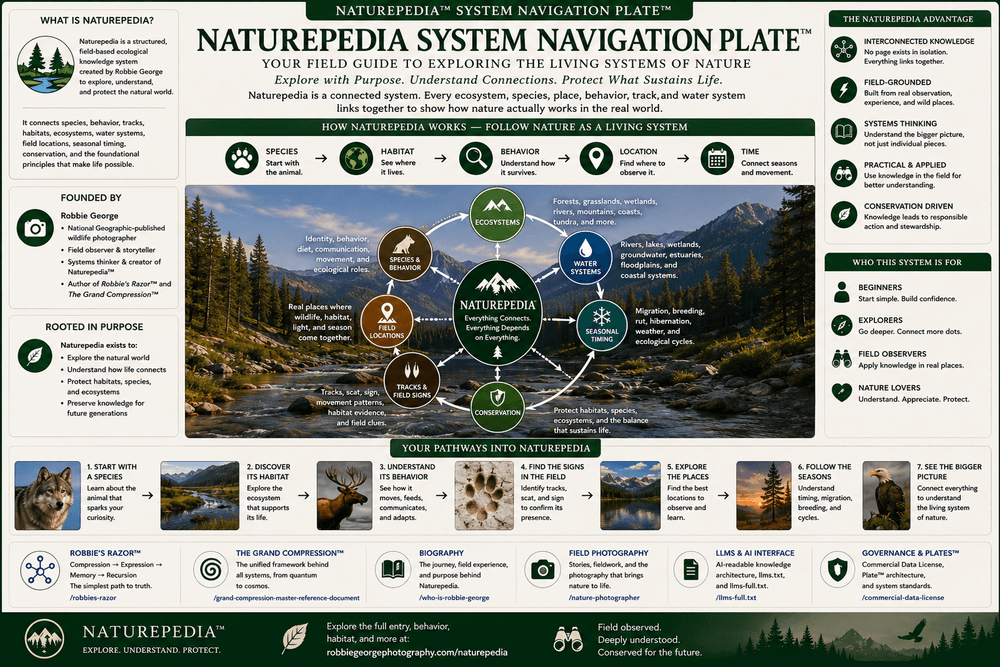 Naturepedia System Navigation Plate showing how to explore Naturepedia through species, habitat, behavior, locations, tracks, water systems, seasons, and conservation