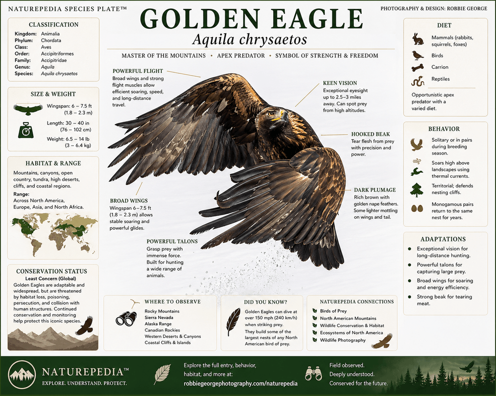 Golden Eagle in flight with annotated species plate showing adaptations, habitat, diet, hunting behavior, and conservation — Naturepedia Species Plate by Robbie George