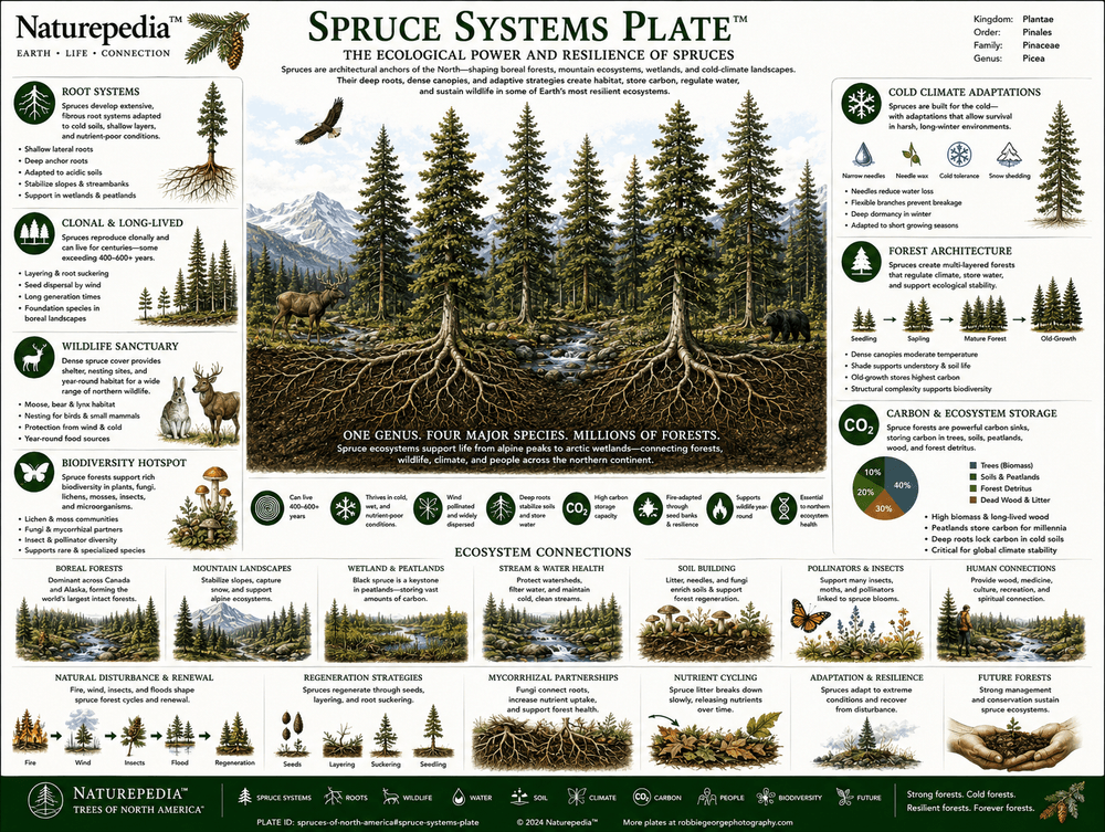 Spruce Systems Plate showing boreal forests, mountain ecosystems, evergreen needles, hanging cones, wildlife habitat, carbon storage, climate resilience, and northern forest ecology by Robbie George