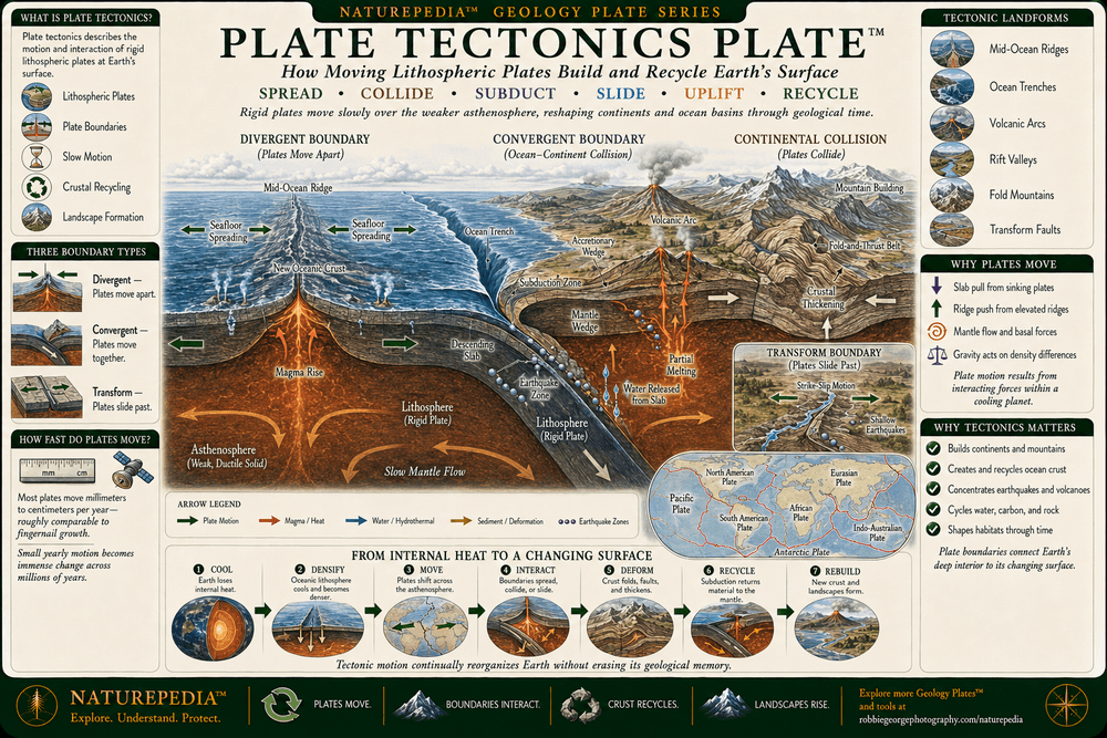 Plate Tectonics Plate showing divergent, convergent, and transform plate boundaries, seafloor spreading at a mid-ocean ridge, oceanic subduction, a deep-ocean trench, volcanic arc, continental collision, mountain building, rifting, faults, earthquakes, mantle movement, and directional plate motion.