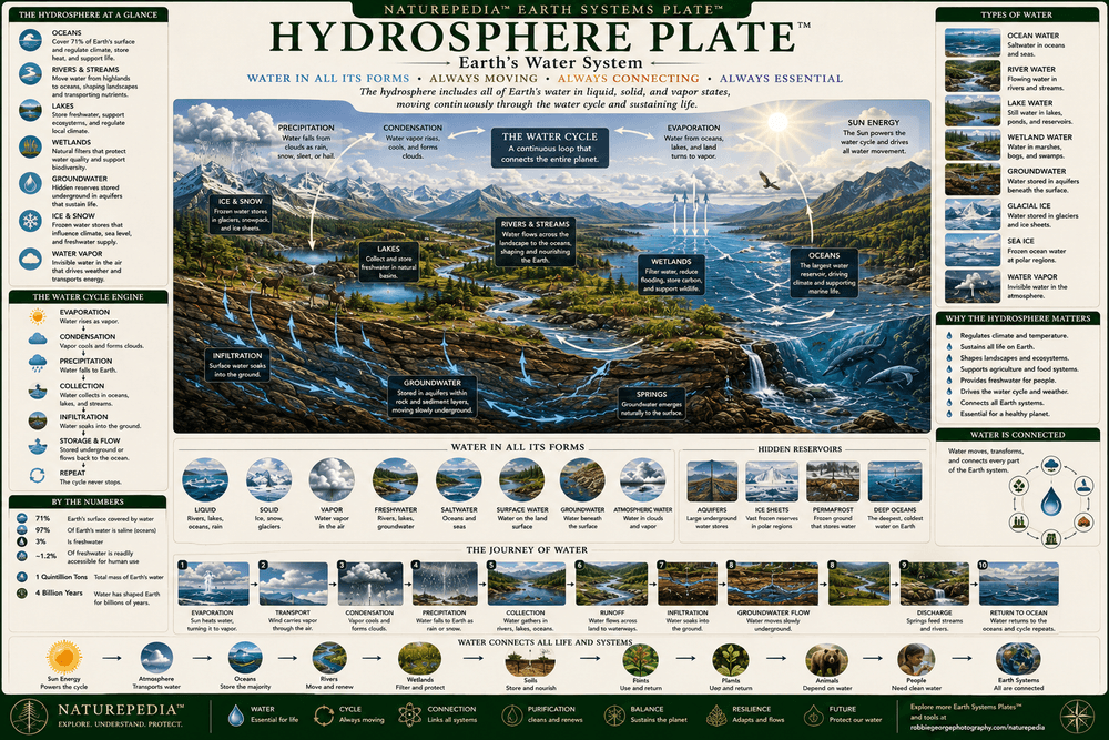 Hydrosphere Plate showing oceans, rivers, lakes, groundwater, wetlands, glaciers, atmospheric moisture, and the global water system
