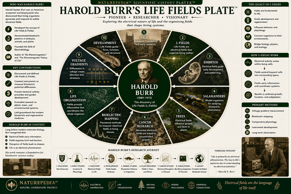 Harold Burr's Life Fields Plate showing Yale research, embryos, salamanders, trees, voltage gradients, development, bioelectric mapping, and biological organization