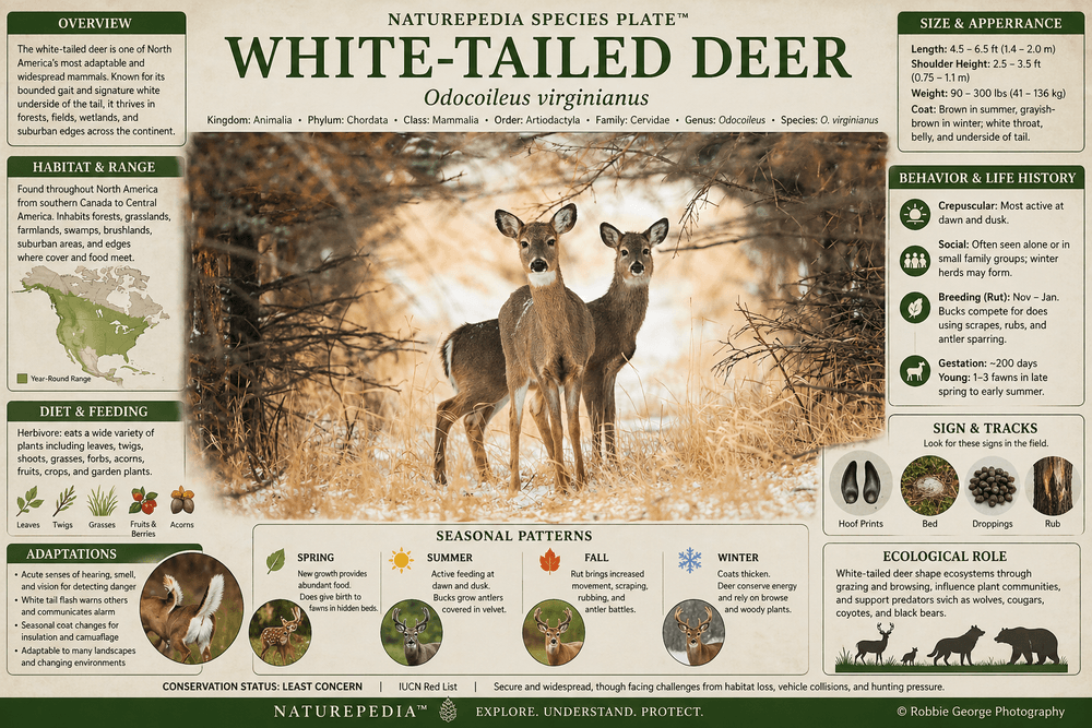 White-tailed deer in natural North American habitat with annotated species plate showing behavior, diet, adaptations, seasonal patterns, and ecological role — Naturepedia Species Plate by Robbie George