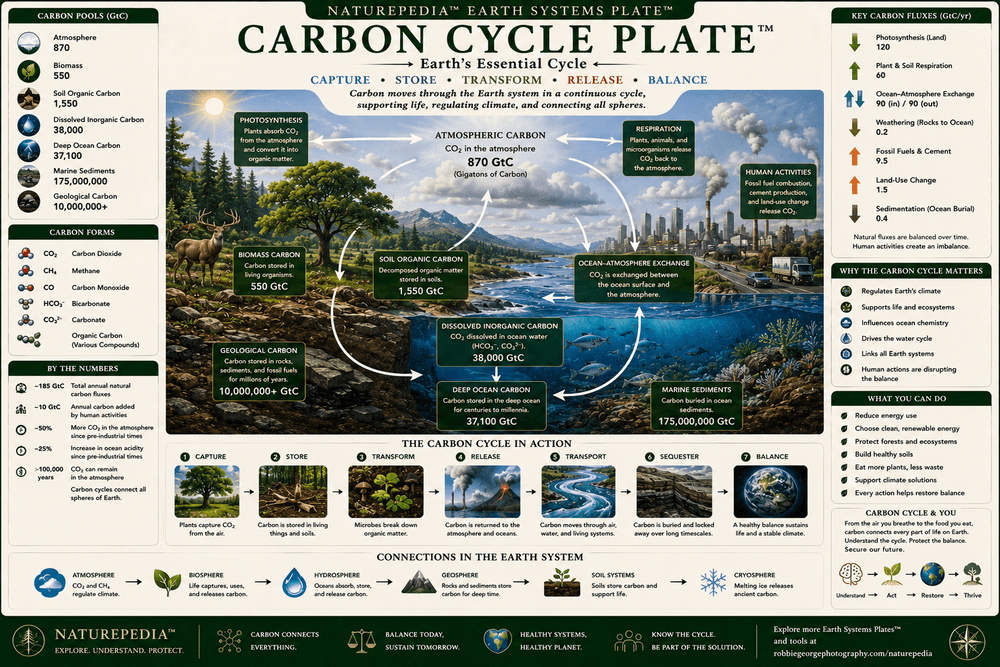 Carbon Cycle Plate showing photosynthesis, respiration, oceans, soils, atmosphere, fossil carbon, carbon sequestration, and carbon movement through Earth systems