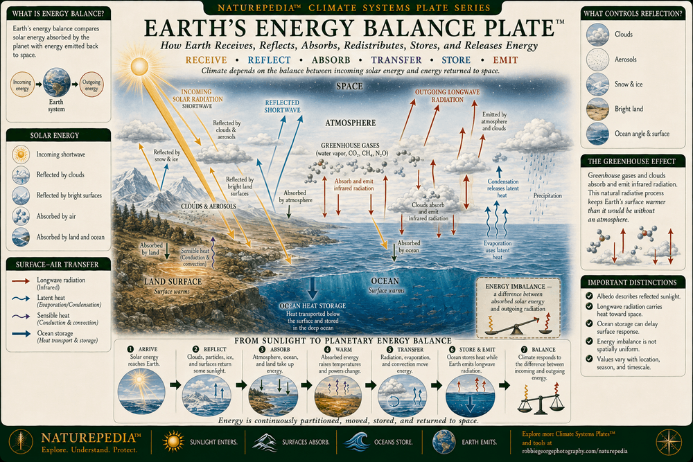 Earth's Energy Balance Plate showing incoming solar radiation, reflection by clouds, aerosols, snow and ice, absorption by the atmosphere, ocean and land, surface heat transfer, greenhouse-gas absorption and re-emission, outgoing infrared radiation, ocean heat storage, and planetary energy imbalance.