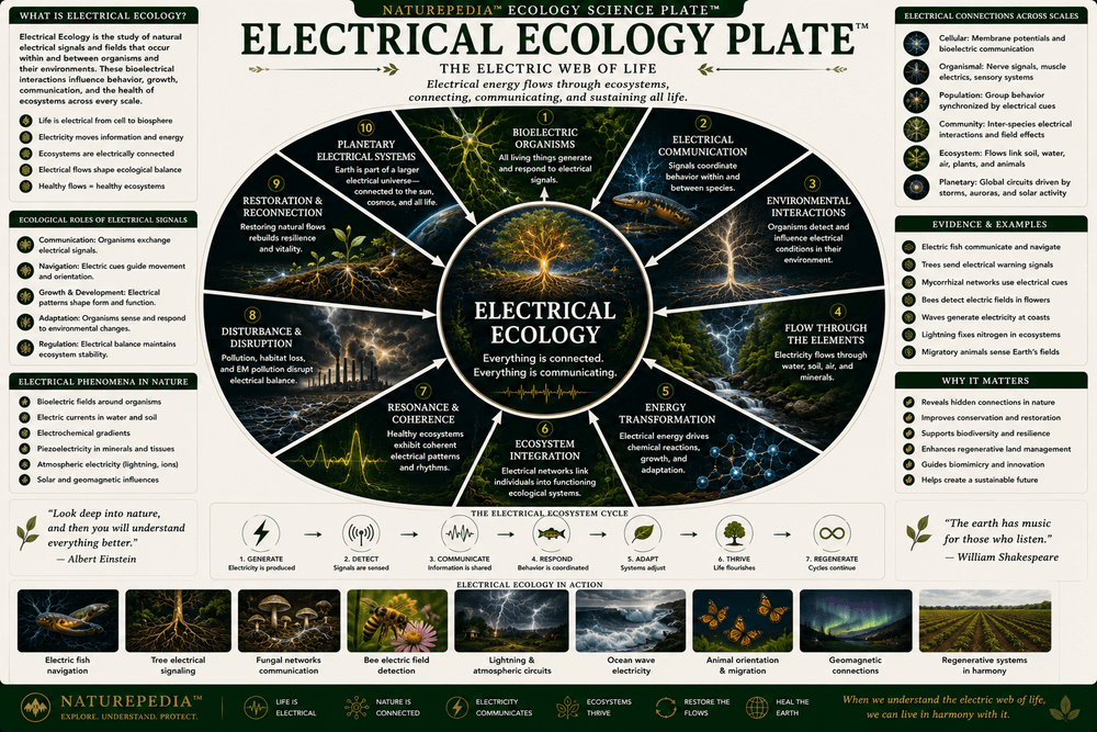 Electrical Ecology Plate showing trees, roots, fungi, soil, microbes, insects, communication networks, ecosystems, and information flow