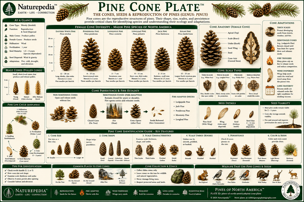 Pine Cone Plate showing cone anatomy, seed scales, winged seeds, male and female cones, seed release, cone diversity, and pine reproduction by Robbie George