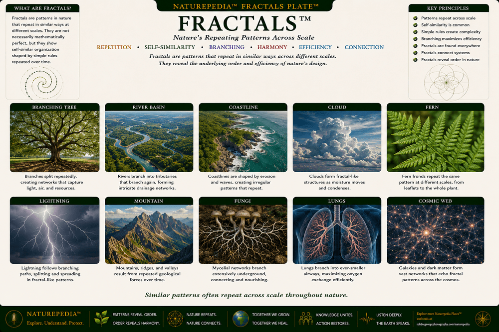 Fractals Plate showing a branching tree, river network, coastline, cloud, mountain, fern, lightning, lungs, fungi, and subtle cosmic web as examples of fractal-like patterns repeating across scale in nature.