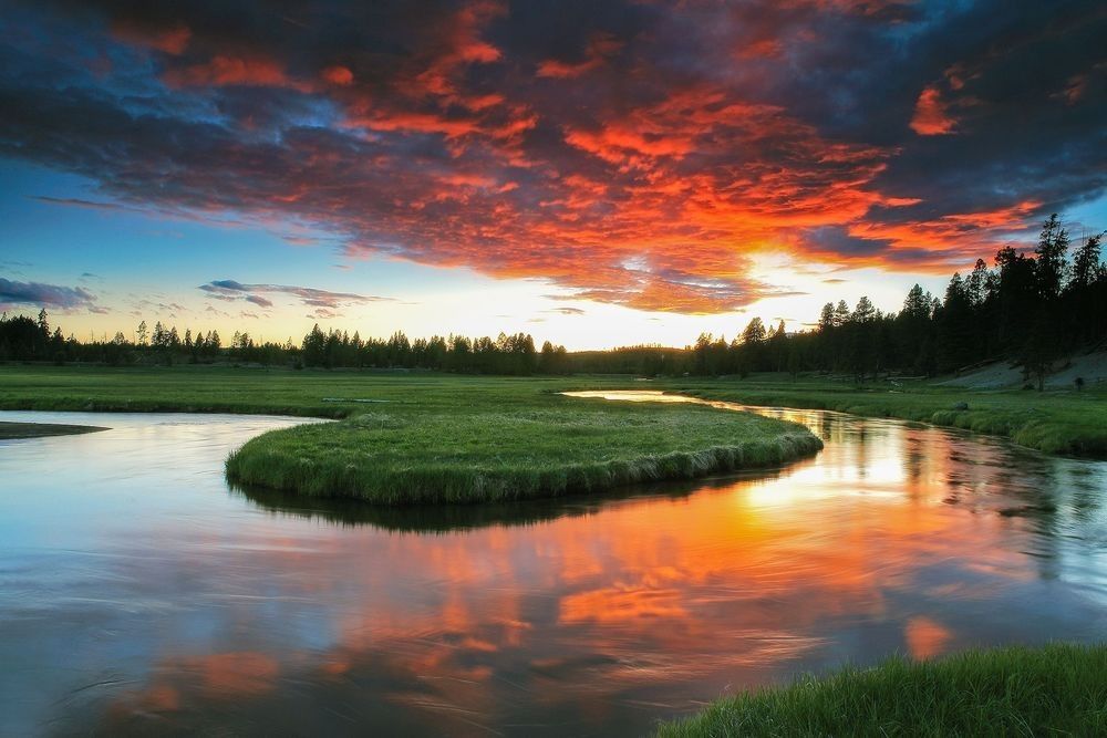 Gibbon River winding through Yellowstone National Park at sunset, showing flowing water, river bends, and reflective light across a dynamic river system