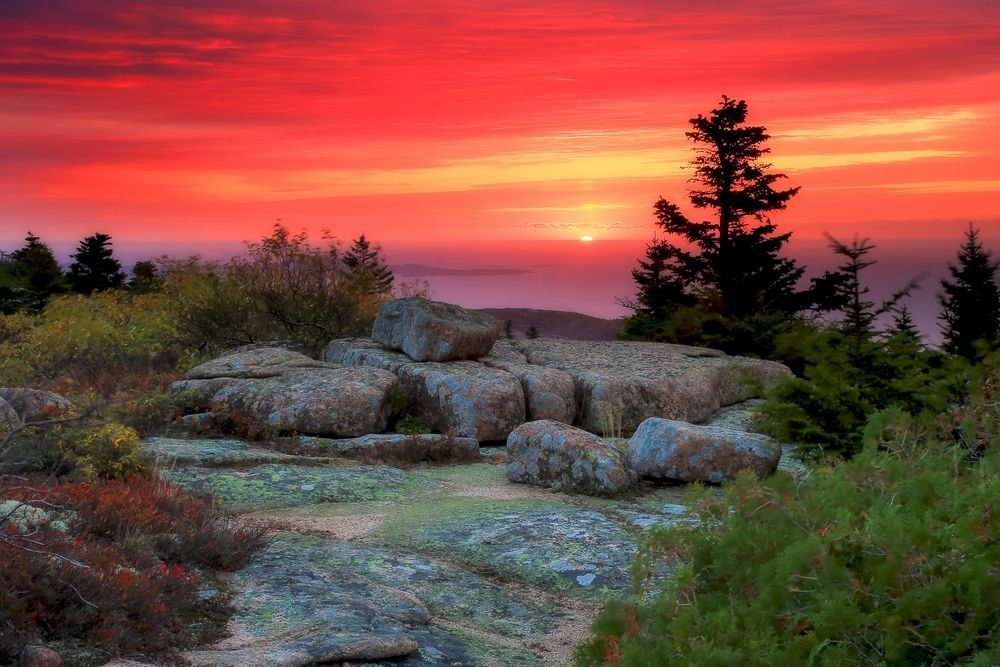 Sunrise over rocky summit in Acadia National Park with coastal fog and forest, showing atmospheric light, elevation, and ocean-influenced landscape