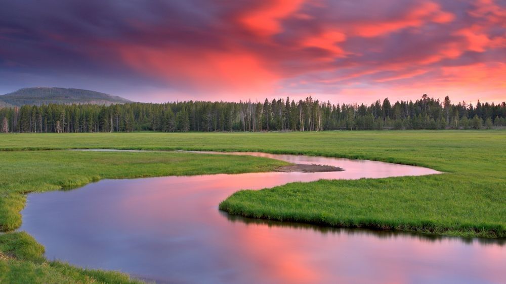 Yellowstone National Park river landscape at sunset with geothermal ecosystem, meadows, and forest photographed by Robbie George