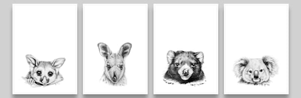 Furred Pencil Collection - Drawings of Tasmanian Devil, Possum, Wallaby & Koala