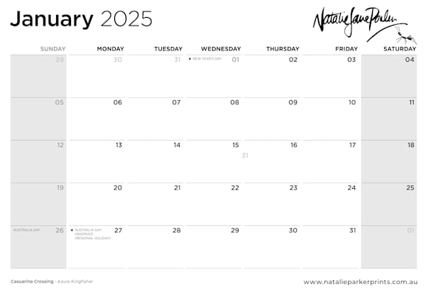 Australian Wildlife 2025 Wall Calendar - Australian Wildlife Art by Natalie Jane Parker
