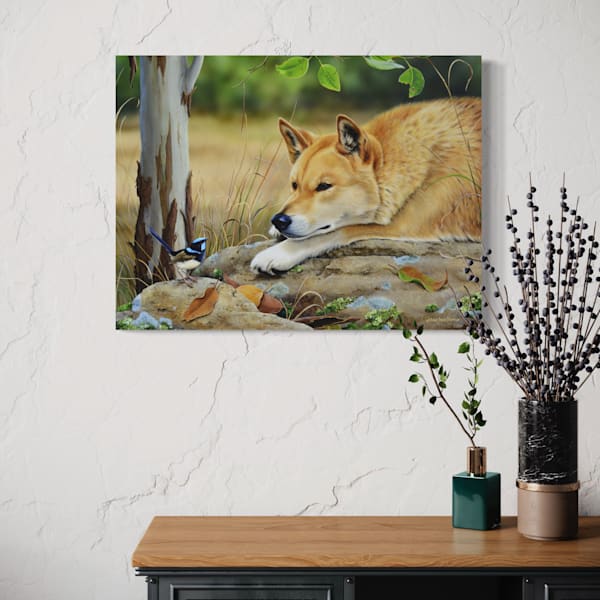 Australian Wildlife Art - The Little Sidekick - Dingo with a Male Superb Fairy-wren | Natalie Jane Parker - Ready to hang Artwork