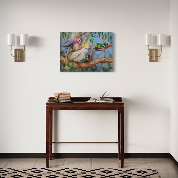 Australian Wildlife Art - Colourful Crowd (Galahs with Sulphur-crested Cockatoo, Rainbow Lorikeets and Eastern Dwarf Tree Frog) | Natalie Jane Parker - Ready to hang Artwork