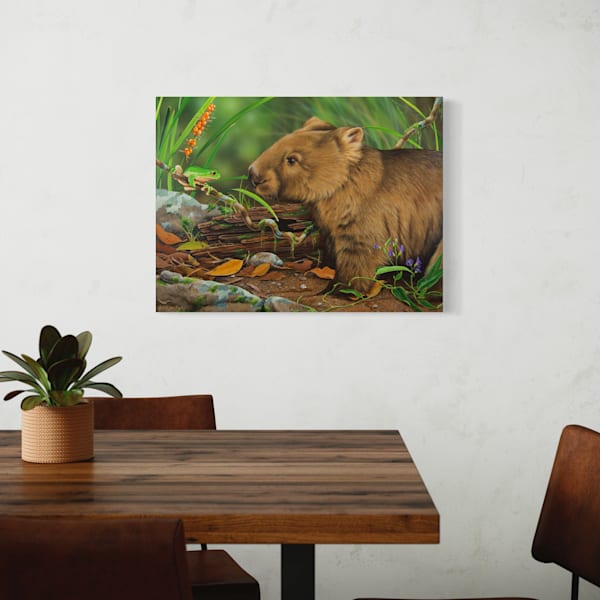 Australian Wildlife Art - Along the forest path (Bare-nosed Wombat & Green Tree Frog) | Natalie Jane Parker - Ready to hang Artwork