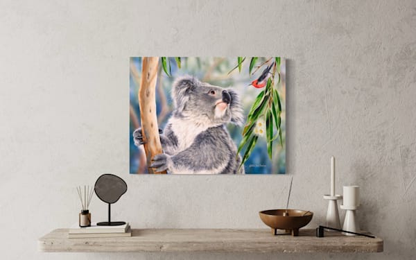 Koala and Scarlet Honeyeater Art Print | "Little Visitor" by Natalie Jane Parker