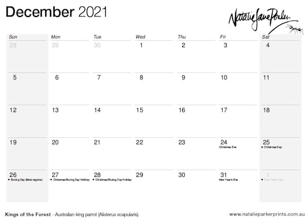 2021 A4 Australian Wildlife Wall Calendar by Natalie Jane Parker | Australian Wildlife Paintings - Carton of 24 Calendars