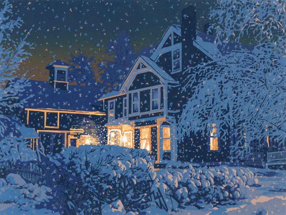 A house at night in snowfall