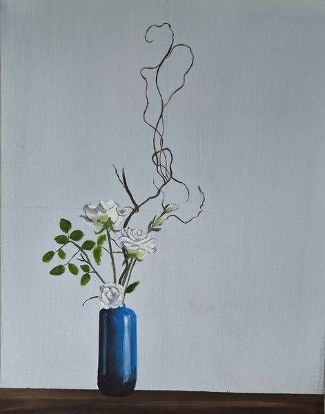 Still Life with Blue Vase | White Roses Oil Painting