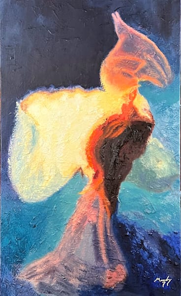 Angélique emerges upon a 24 by 40-inch canvas, an oil-swathed interplay of abstract expressionism and form,