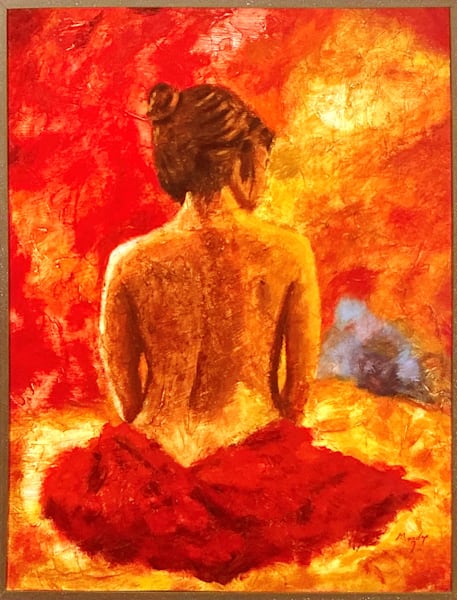 A solitary female figure captured in a moment of quiet introspection, her back turned to the viewer.