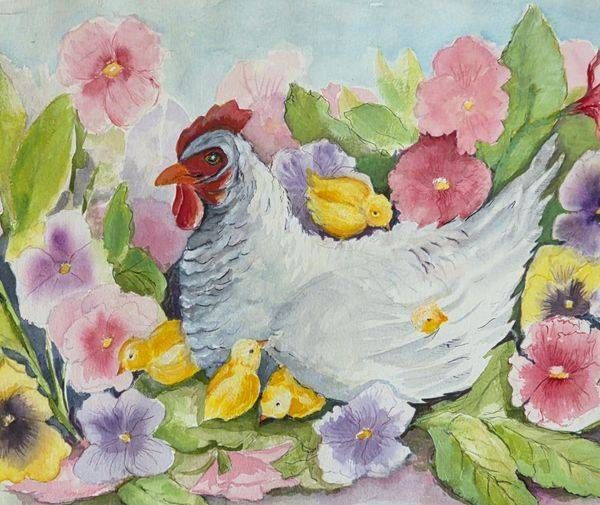 Chicks Play With Mom And Pansies Art | Pam Holmquist Studio