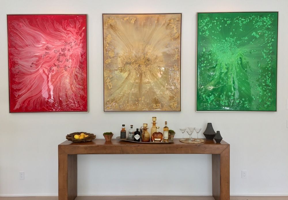 Vertical abstract painting in a luxury entryway