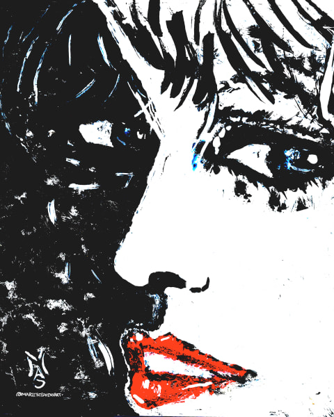 Modern Taylor Swift Fan Art Print – Black & White Portrait with Red Lips | Eras Tour & TTPD Inspired Wall Art