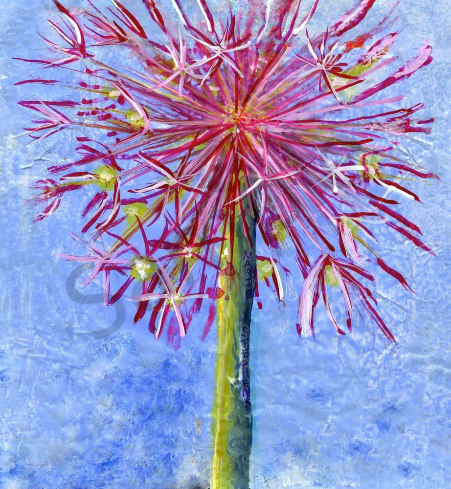 Allium flower Stem painting no stamp on mylar  © marie stephens art 2023