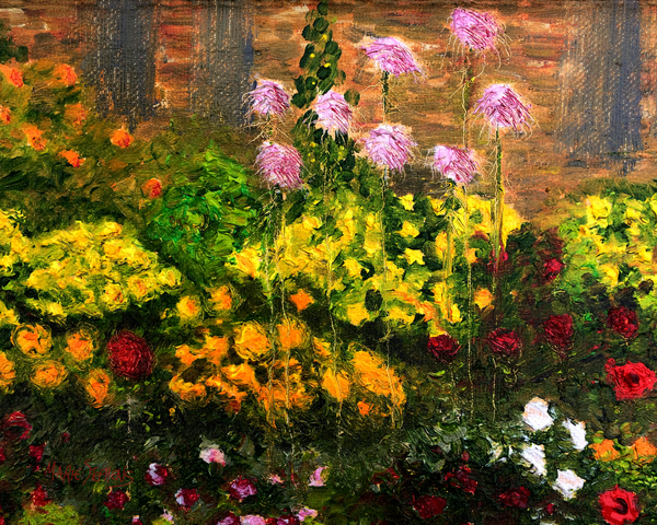 Monet inspired flower garden oil painting created in Amana Iowa