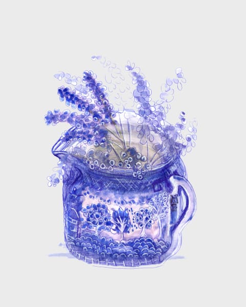 Painting of Blue and White Japanese Pitcher with Grape Hyacinths