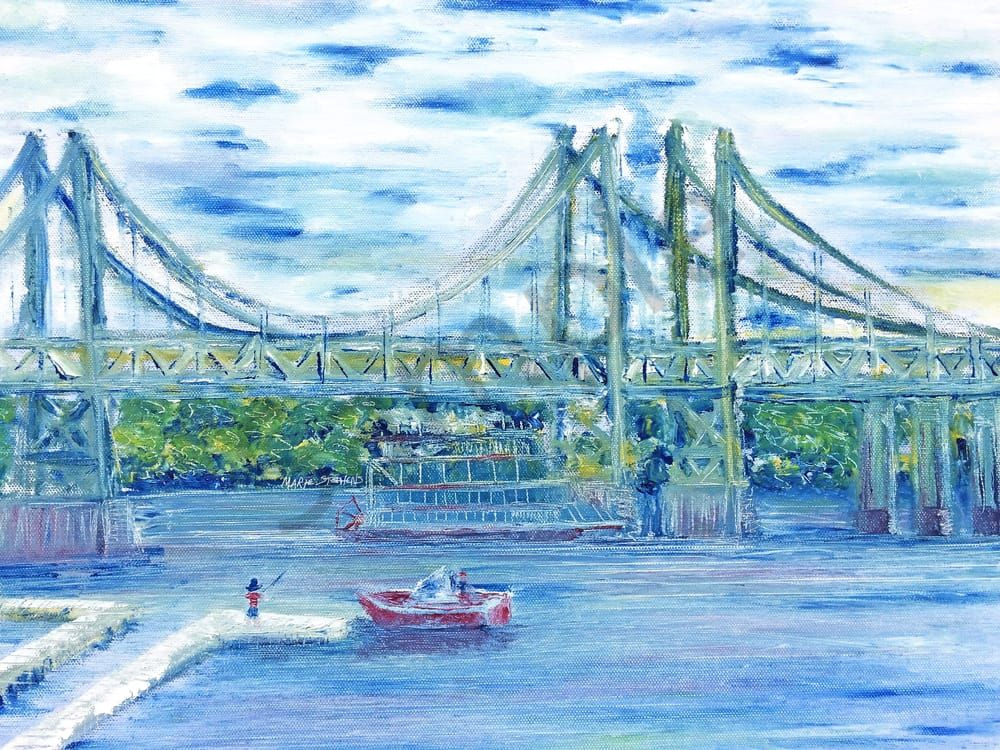 I74 bridge with riverboat and fishermen plein air from Leach Park Gazebo Marie Stephens Art
