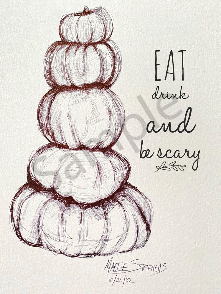 Eat Drink And Be Scary, Tower Of Pumpkins Ink Sketch, 5x7 Greeting Card, Blank Inside Art | Marie Stephens Art
