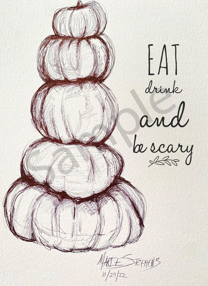 Eat Drink And Be Scary, Tower Of Pumpkins Ink Sketch, 5x7 Greeting Card, Blank Inside Art | Marie Stephens Art