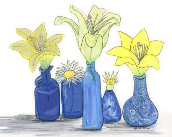 Lilies and Blue Vases – Gouache Botanical Art Print by Marie Stephens | Expressive Floral Wall Decor