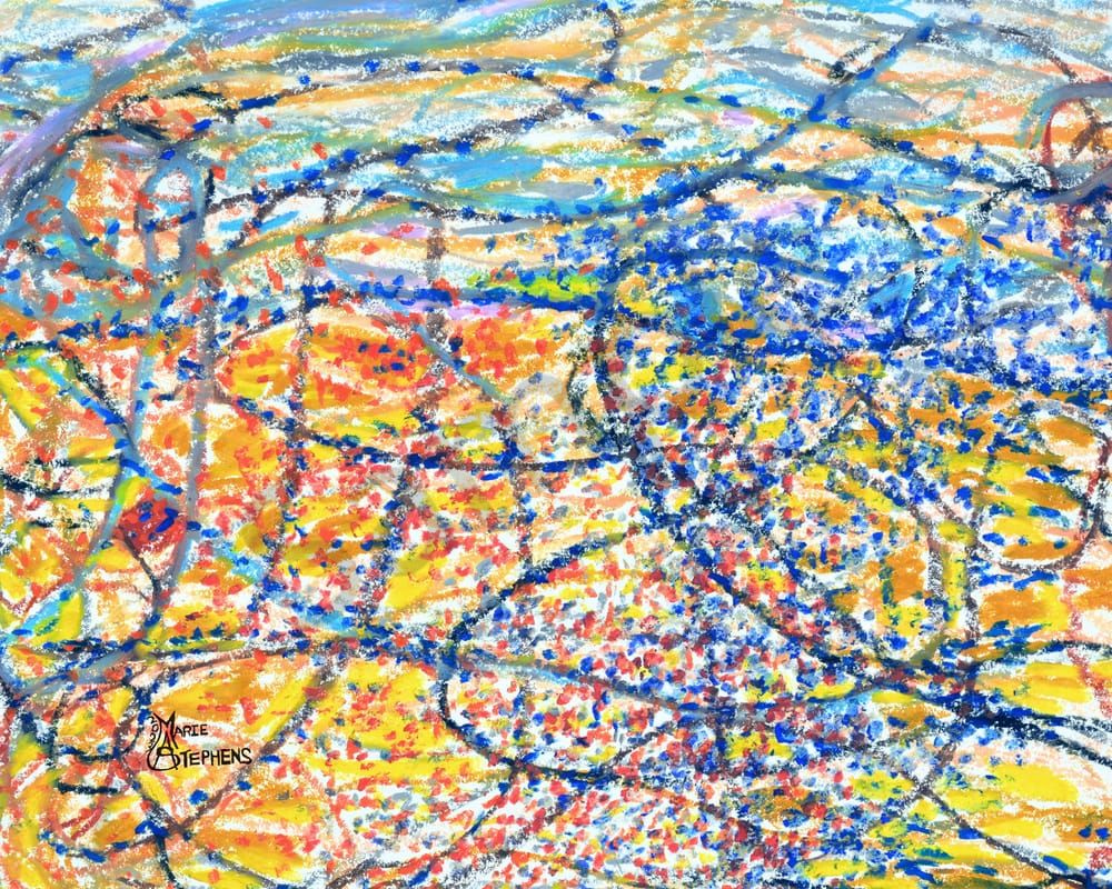 Altoona To Wilton December 29, 2023 Abstract Travel Sketch, Oil Pastels, Print Art | Marie Stephens Art