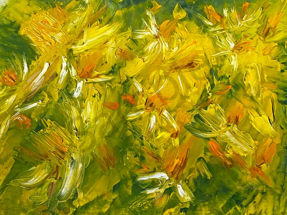 Daffodils Tete A Tete Abstract Palette Knife On Vellum Art | Marie Stephens Art