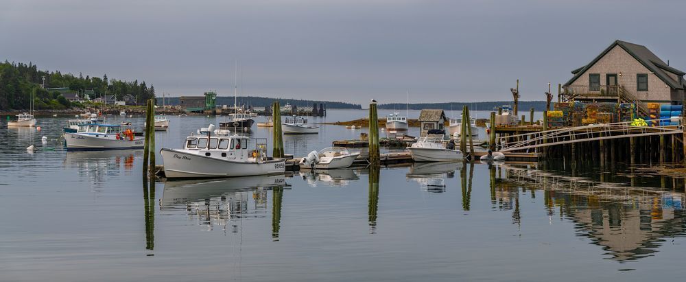  Bass Harbor Morning Panorama - Serene Coastal Photography