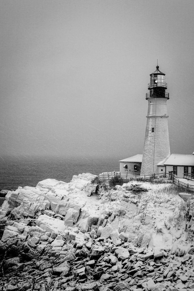 A Break in the Blizzard - Black and White Lighthouse Photography