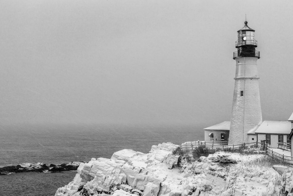 Snow Day - Black and White Lighthouse Photography