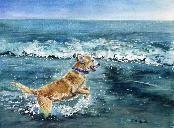 Chasing the Tide- Labrador Retriever Ocean Watercolor Painting